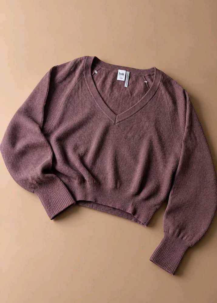 DUSTY MAUVE RIBBED V-NECK KNIT SWEATER