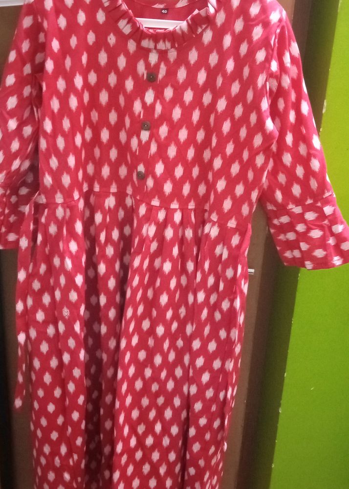Red Colour Ikkat Frock With High Neck Bell Sleeves