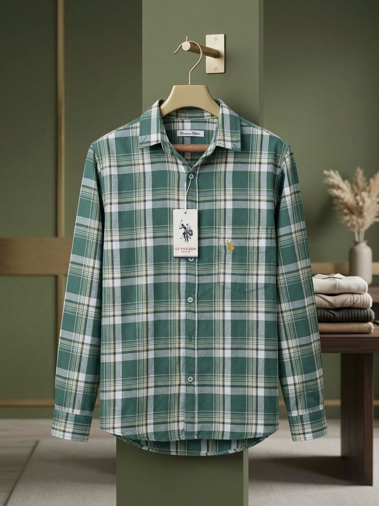 US POLO Men's Green Plaid Long Sleeve Shirt