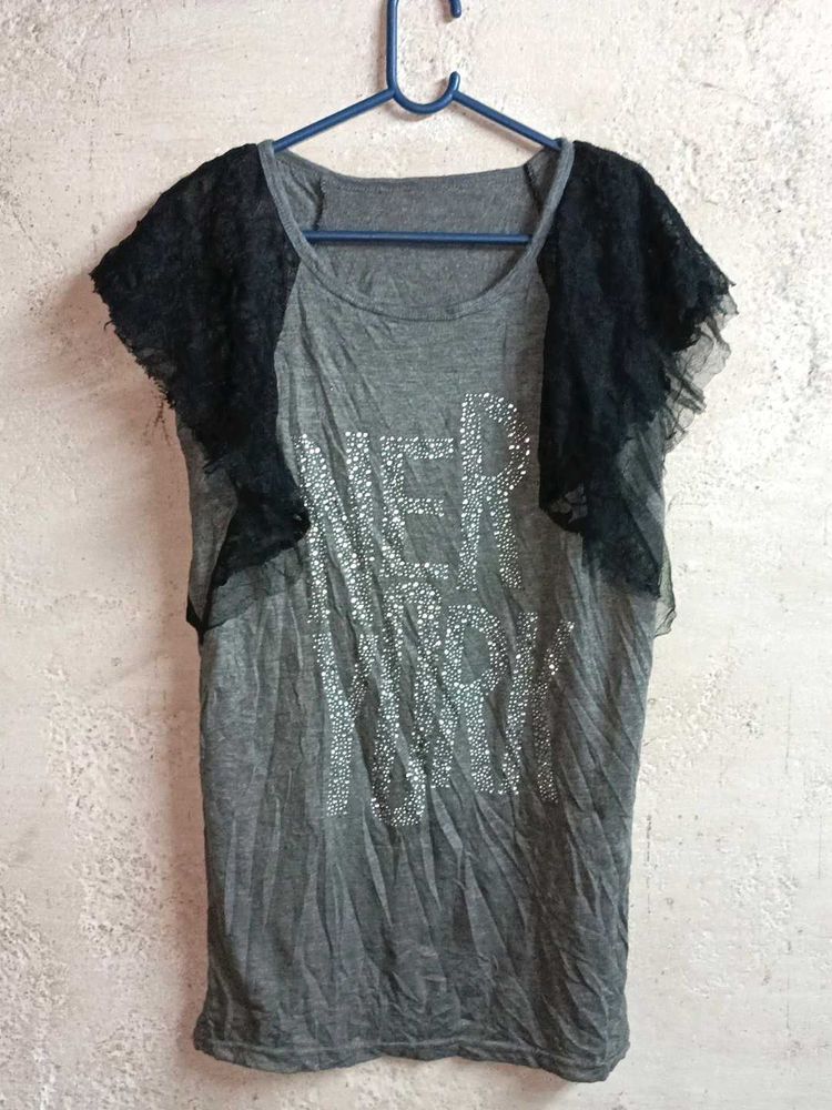 Grey T-Shirt with Lace Sleeves