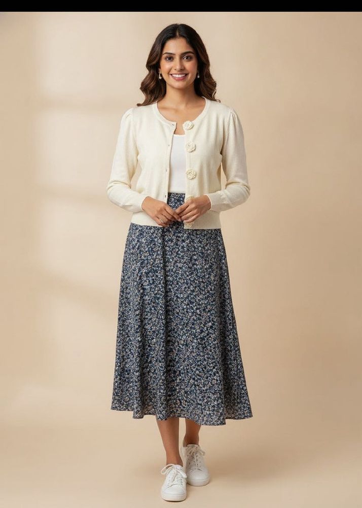 Cream Cropped Cardigan with Flower Buttons