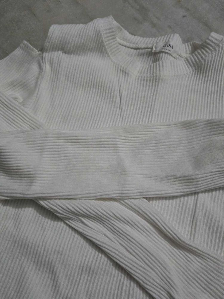 White Ribbed Long Sleeve Top