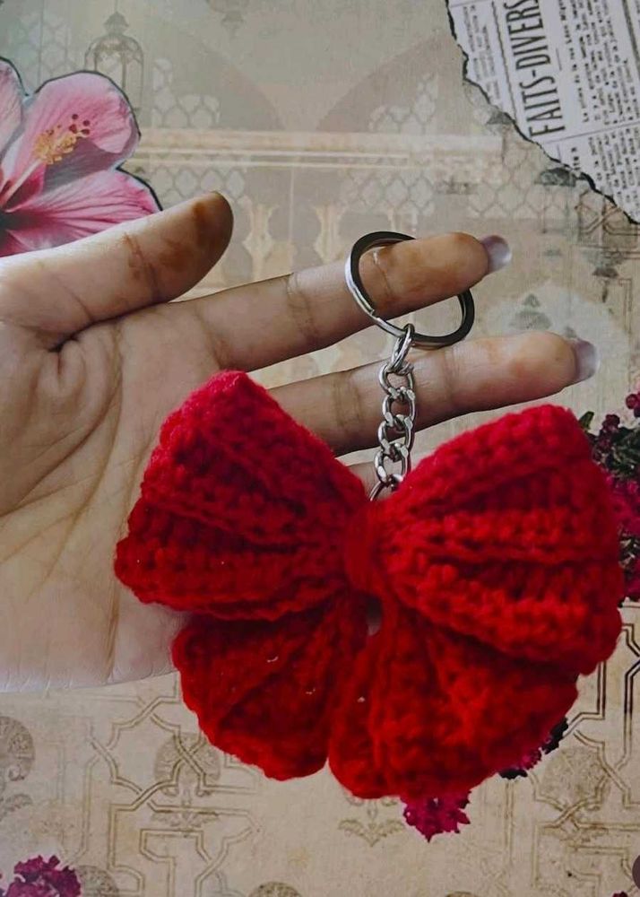 Handmade Red Crochet Bow Keychain