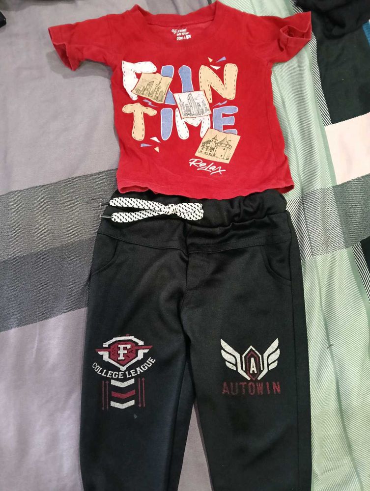 Boys Red T-Shirt &amp; Black Joggers Set