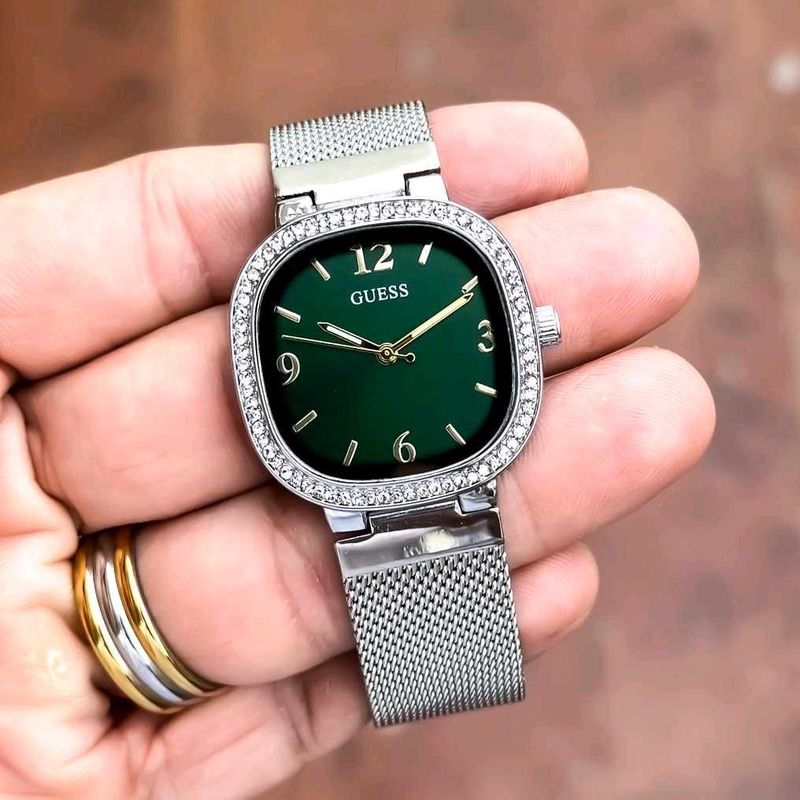 Guess Silver &amp; Green Crystal Watch