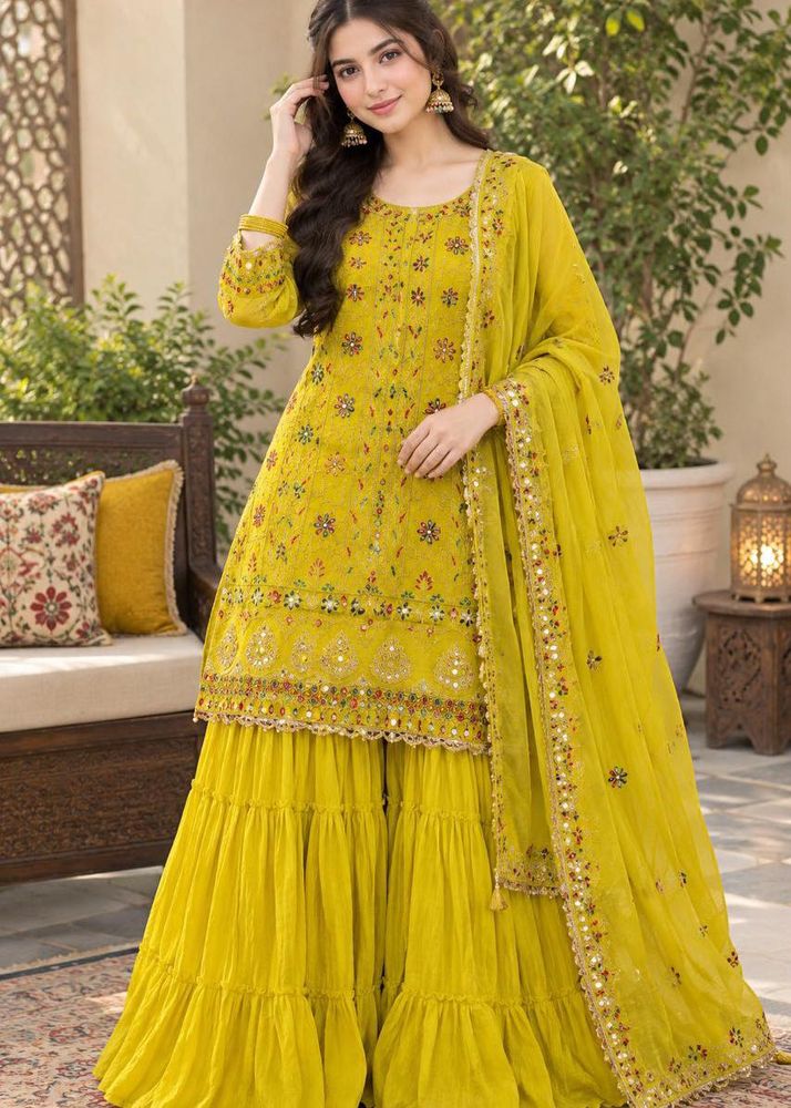 Yellow Embroidered Sharara Suit