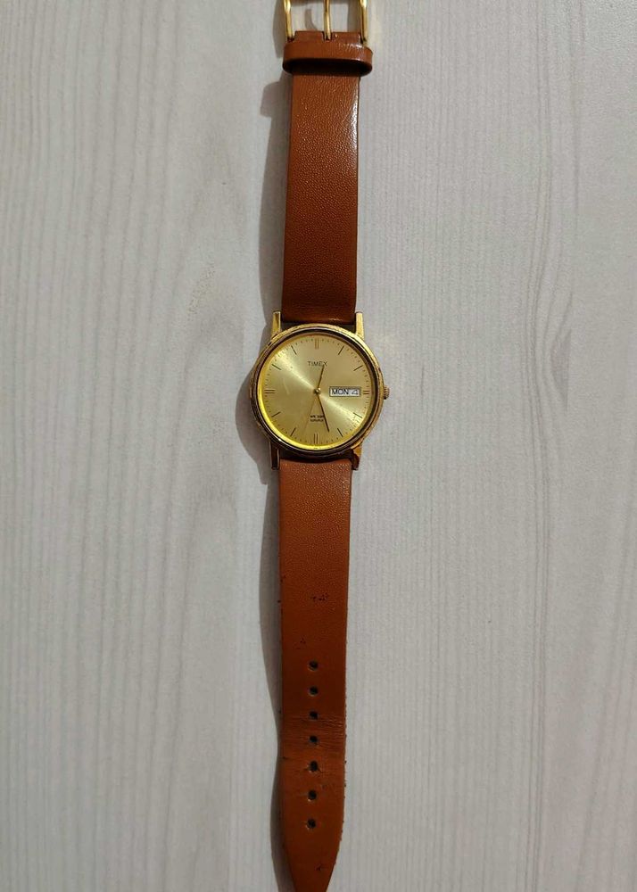 Timex Gold Dial Leather Strap Watch