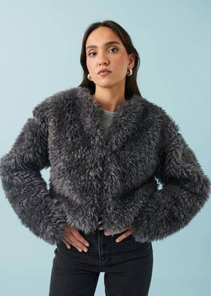 Gina Tricot Grey Shaggy Faux Fur Jacket