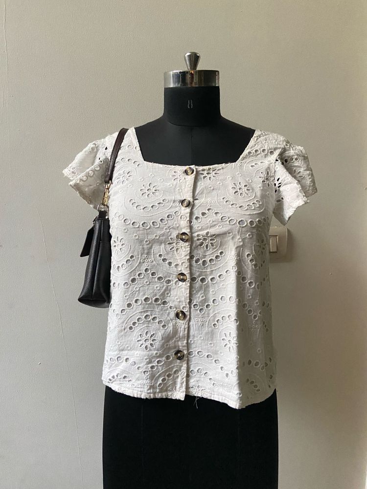 White Eyelet Buttoned Top