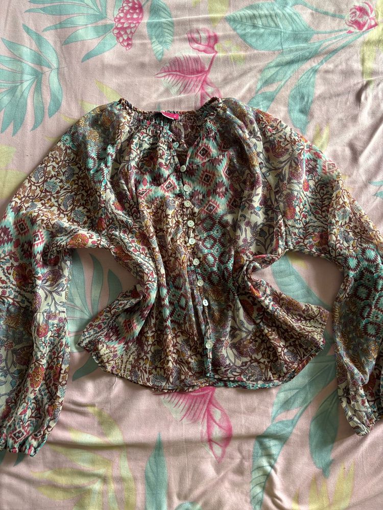 Bohemian Floral Print Sheer Blouse