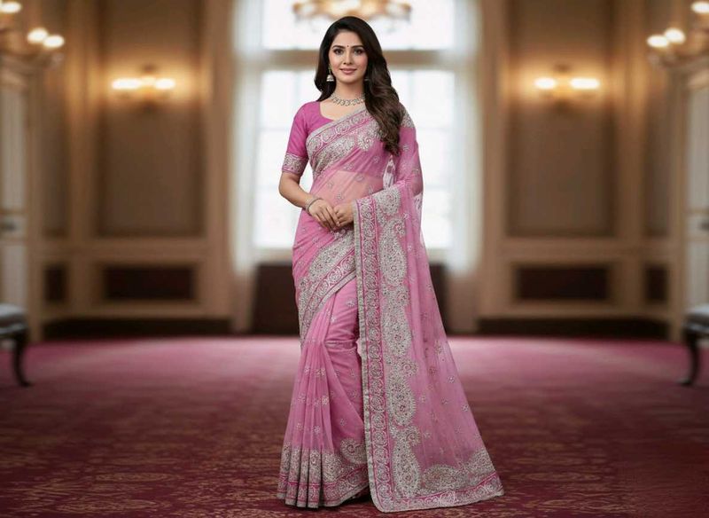 Dark Pink Silver Zari Saree Now ₹4500