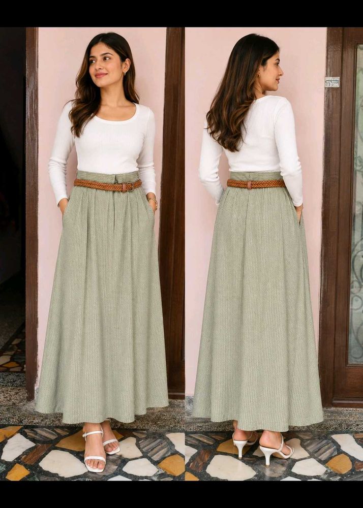 Vintage Olive Green Textured Maxi Skirt