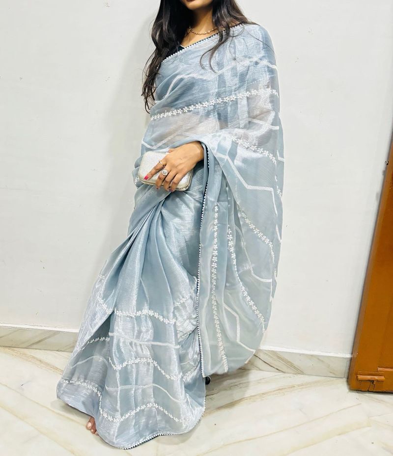 Elegant Grey Saree with White Embroidery