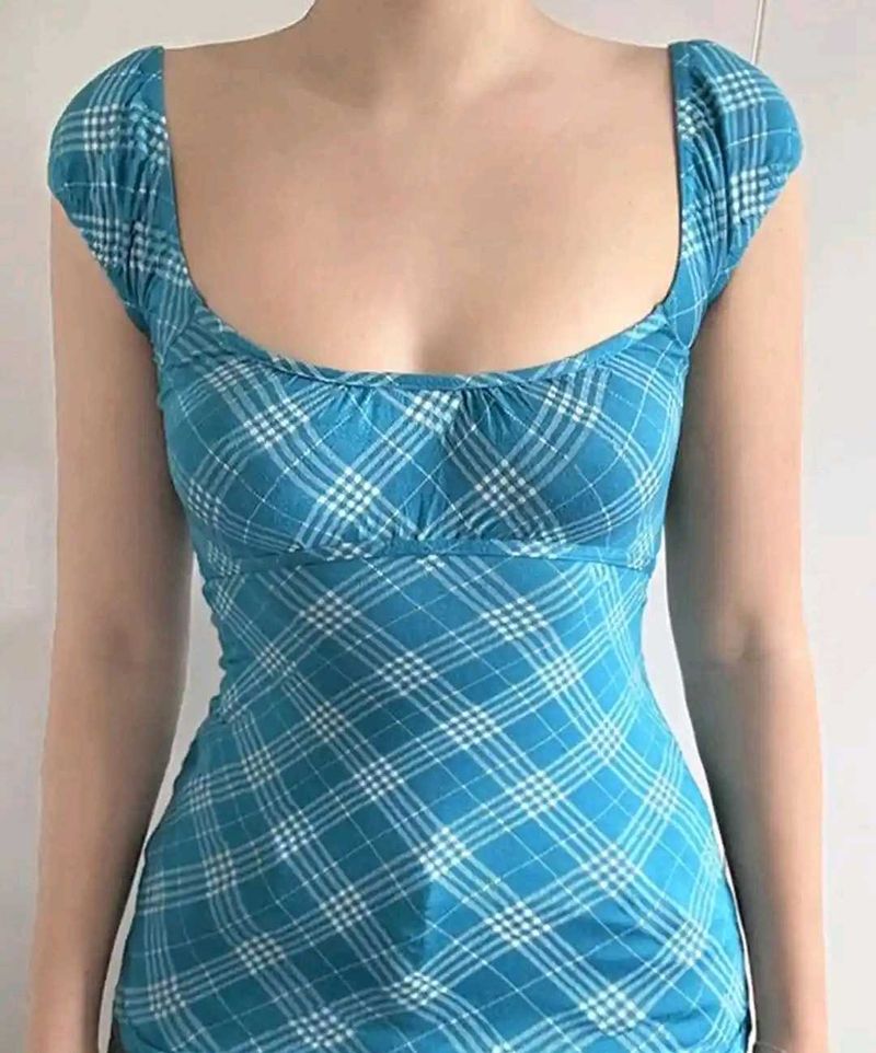 Blue Plaid Square Neck Top