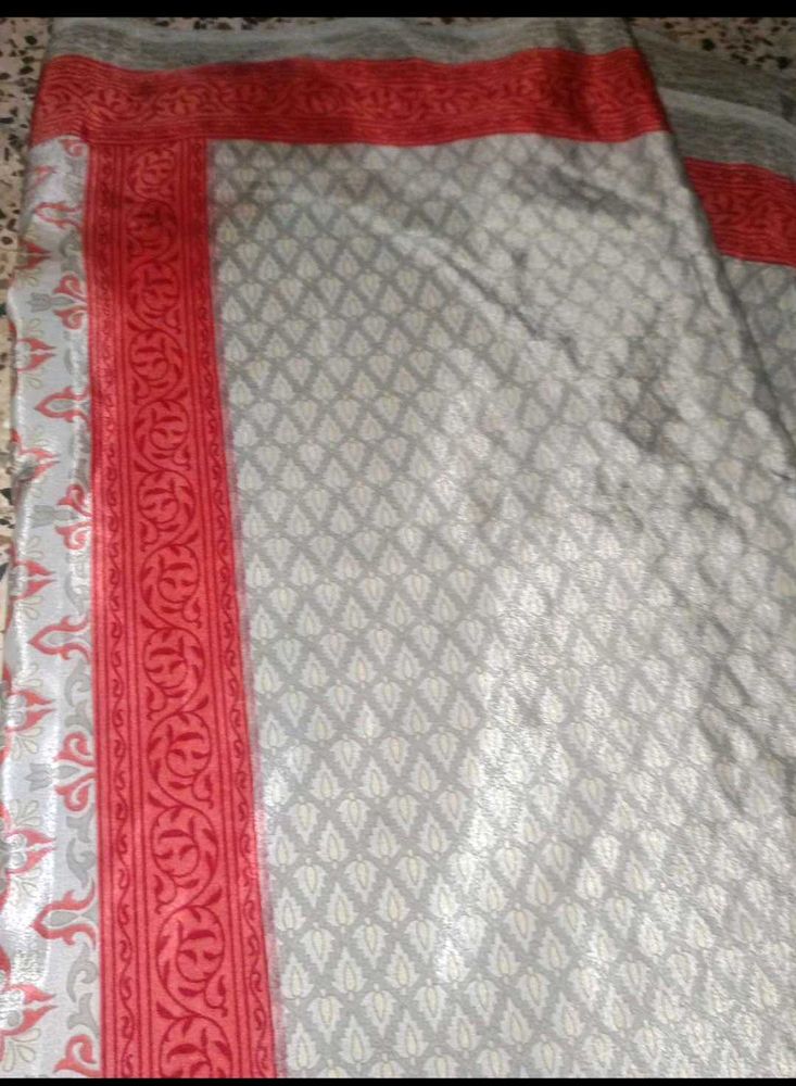 satin Grey Saree with Red Bord