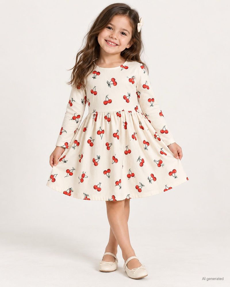 Cute Cherry Print Long Sleeve Pure Cotton Dress
