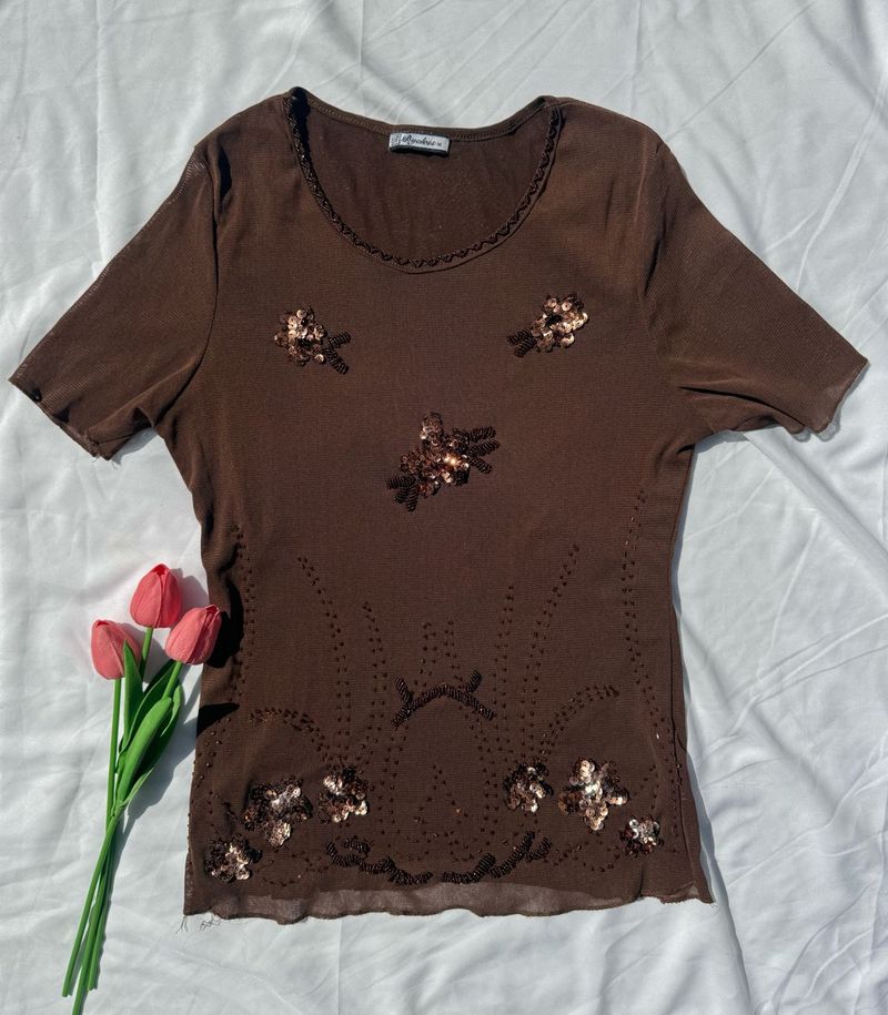 Y2k Brown Embellished Top