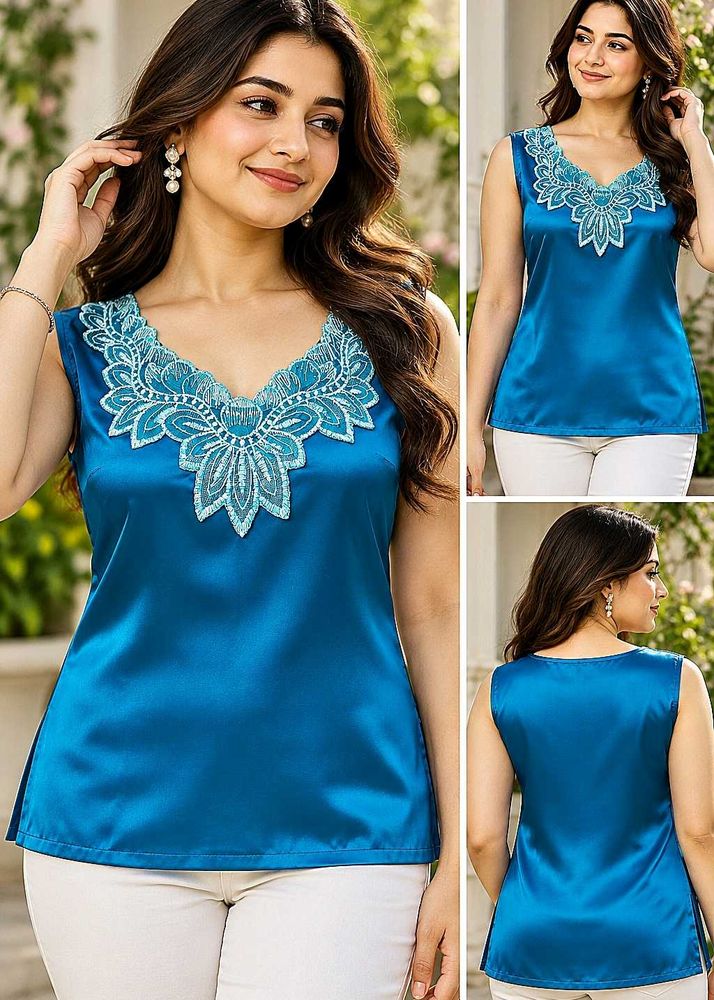 Satin V-Neck Top with Lace Trim