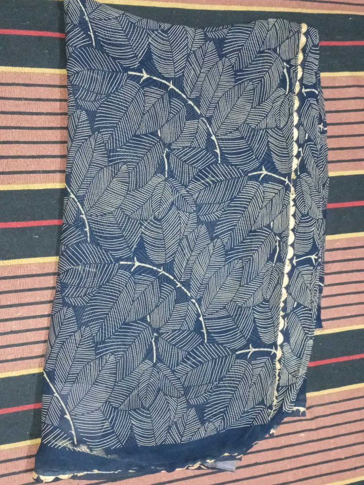 Elegant Navy Blue Leaf Print Saree with petticoat