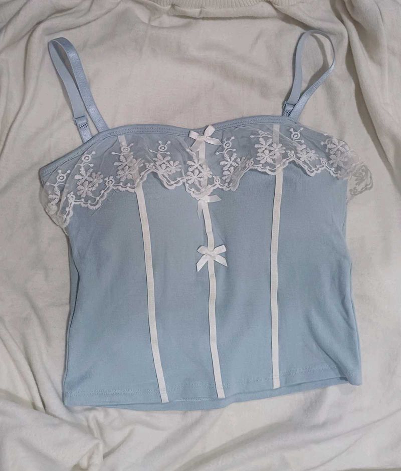 𑣲⋆ Y2k baby blue cami with inbuilt bra ˚˖𓍢ִ