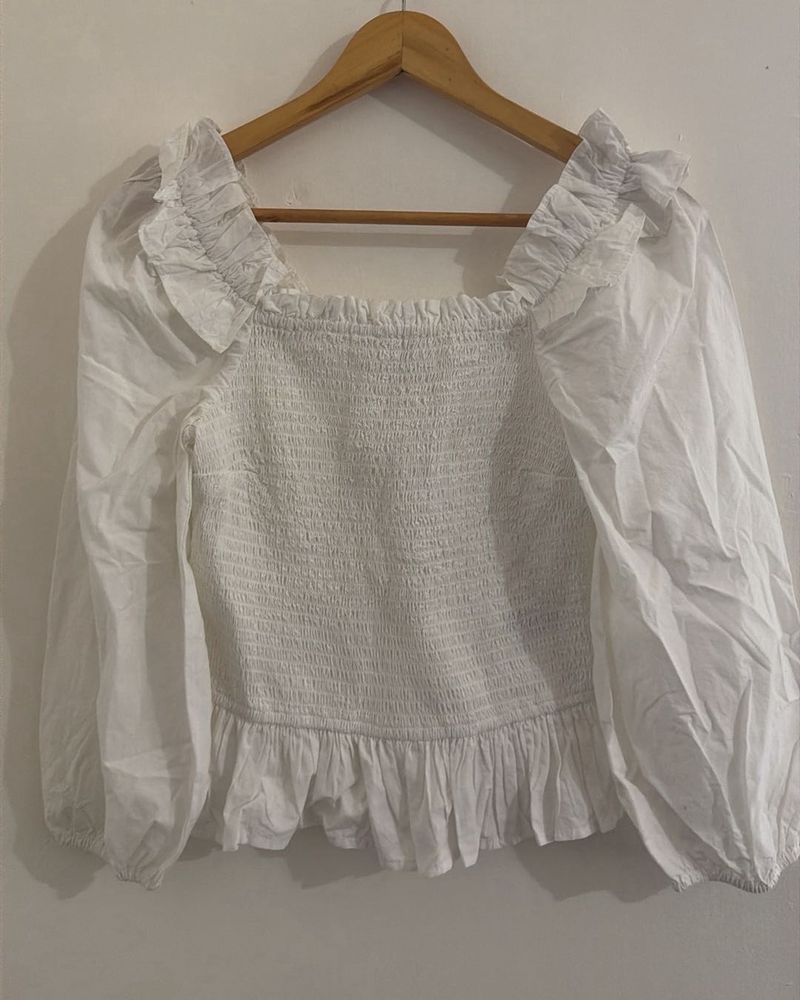 White Smocked Square Neck Top