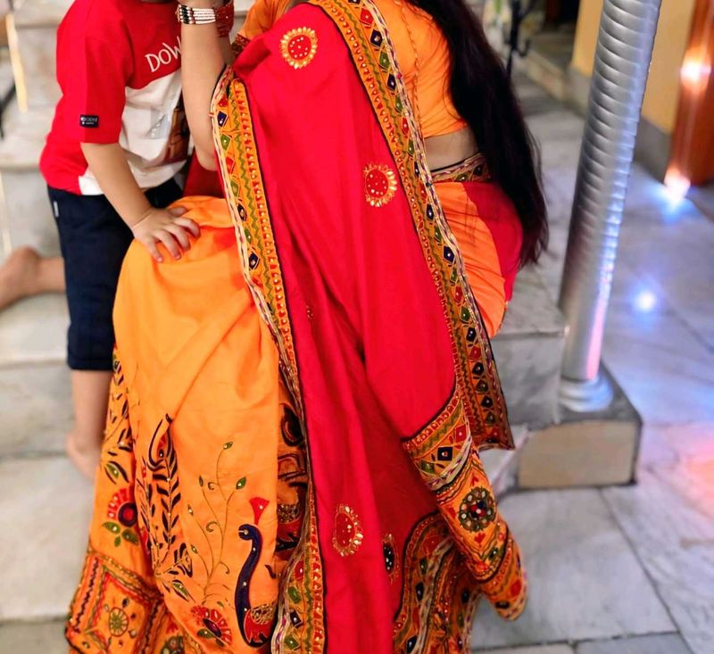 Vibrant Red &amp; Orange Embroidered Saree
