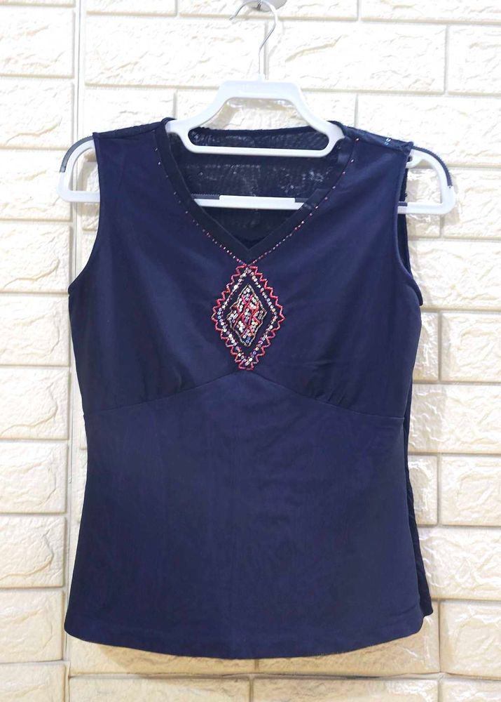 Navy Blue Embellished V-Neck Sleeveless Top