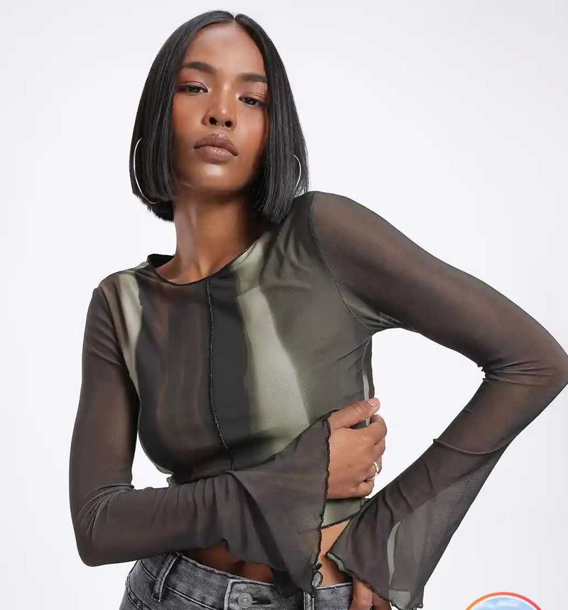 Y2k Abstract Print Bell Sleeves Mesh Top