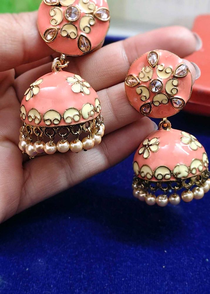 Elegant Coral Jhumka Earrings with Pearl Dangles
