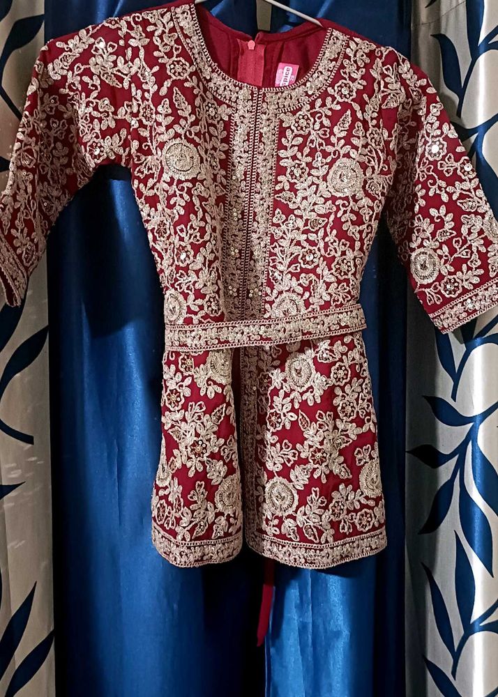 Elegant Red Embroidered Girls' Outfit