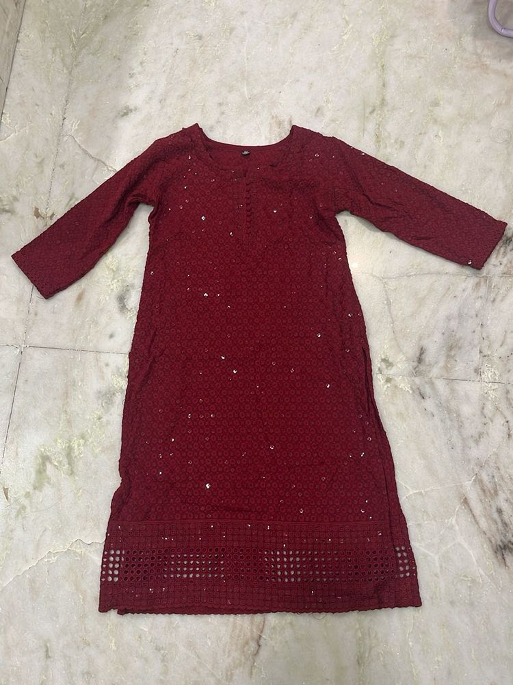 Maroon Embroidered Kurta