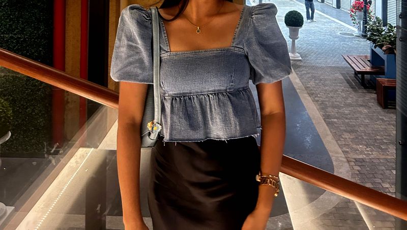 Stylish Denim Puff Sleeve Peplum Top