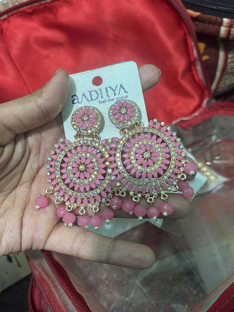 Stunning Pink Stone Jhumka Earrings