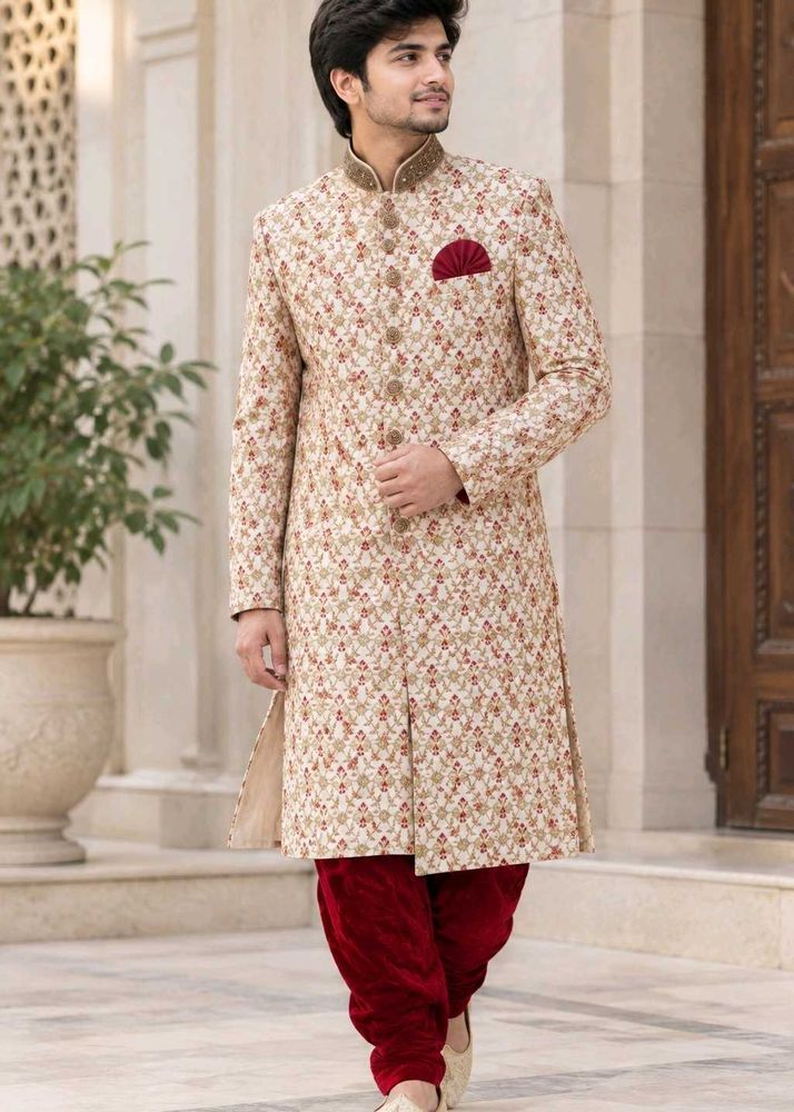 👑 रॉयल क्रीम-रेड शेरवानी सेट ✨