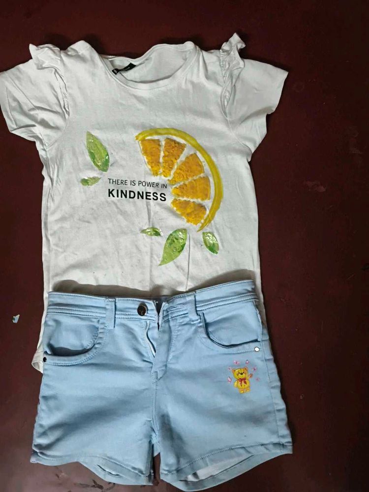 Cute White T-Shirt &amp; Light Blue Shorts Set
