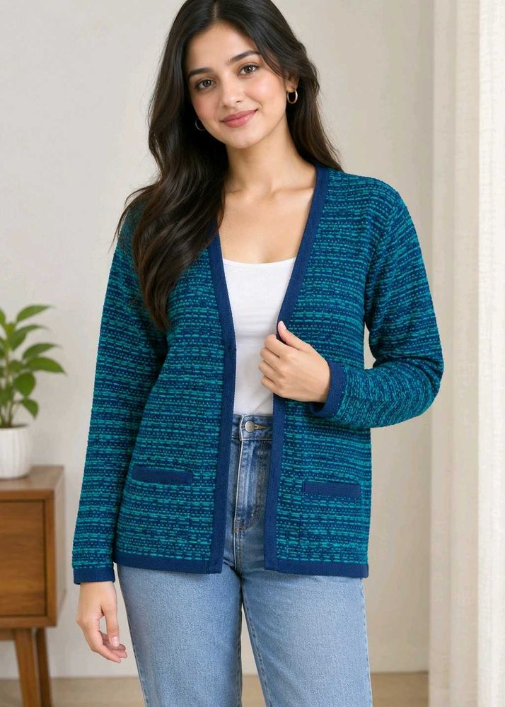 Stylish Teal Textured Cardigan size-34