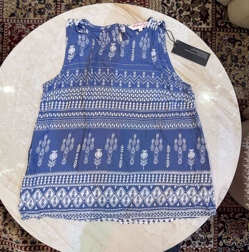 Boho Blue &amp; White Print Sleeveless Top