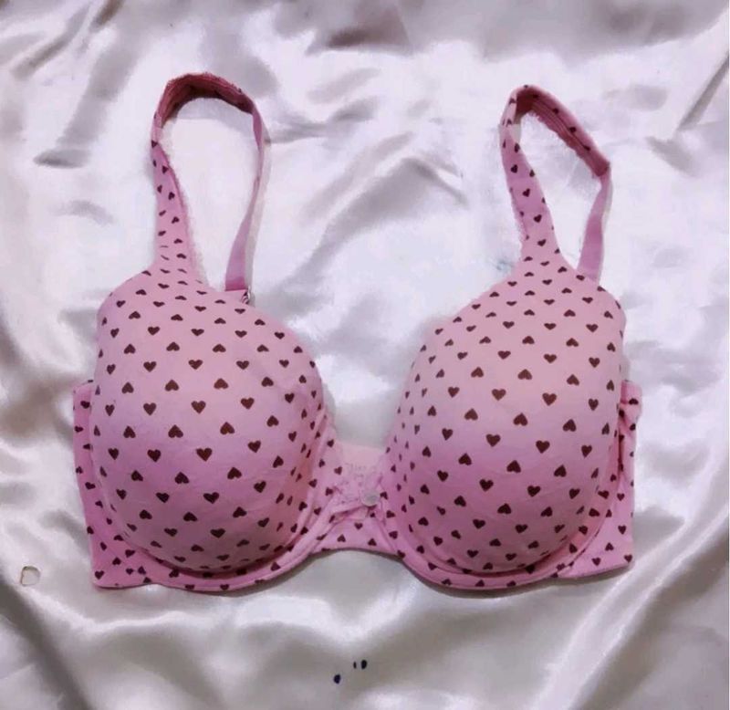 Pink Heart Print Bra