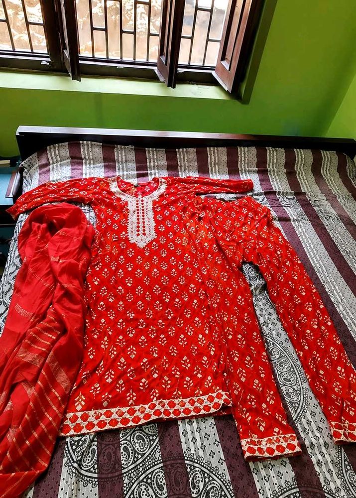 Red Printed Kurta with Dupatta Set