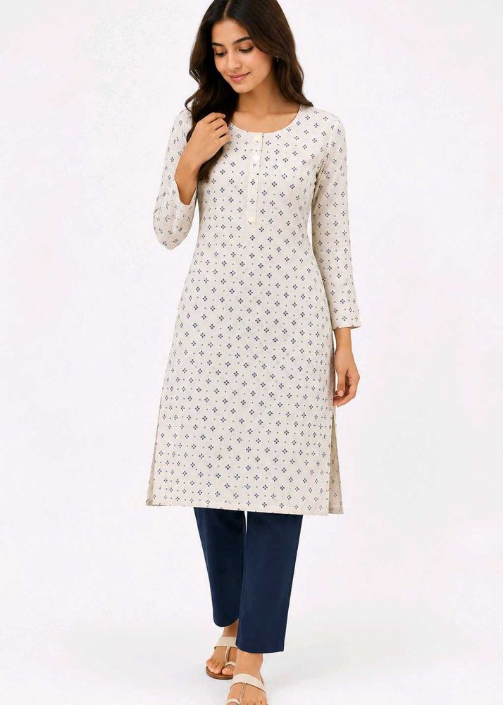 new long Cream Kurta with Navy Blue Print