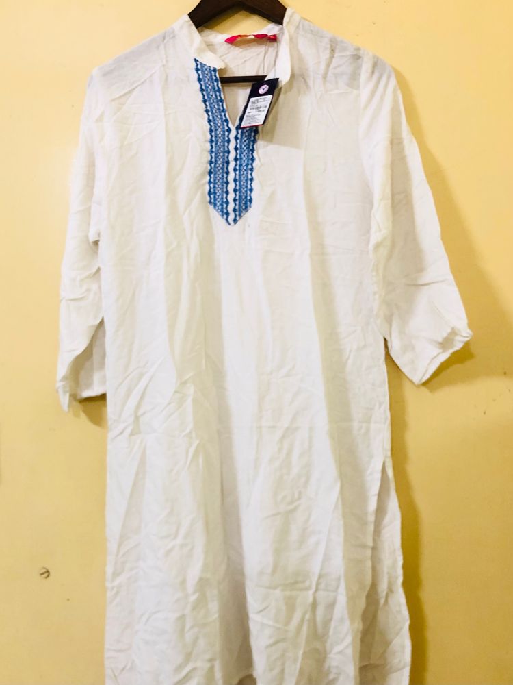 White Kurta With Blue Embroidery