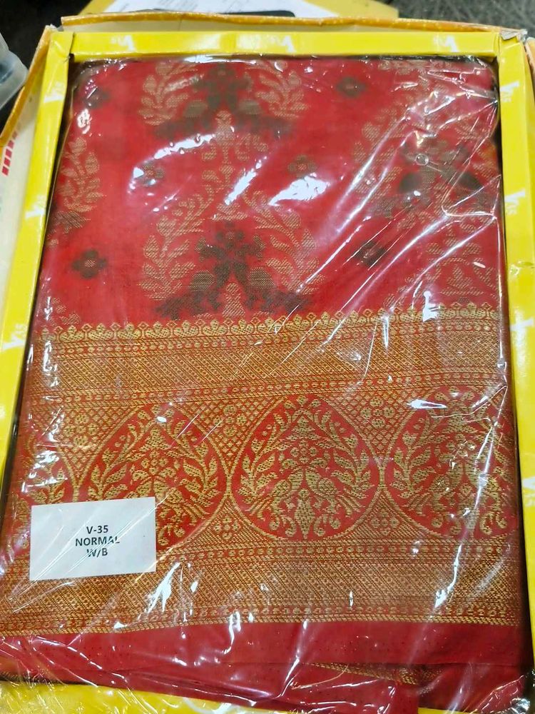Red Saree with Golden Print