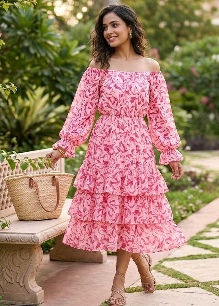 Chic Pink Floral Off-Shoulder Tiered Dress