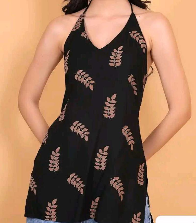 Stylish Black Leaf Print Halter Top