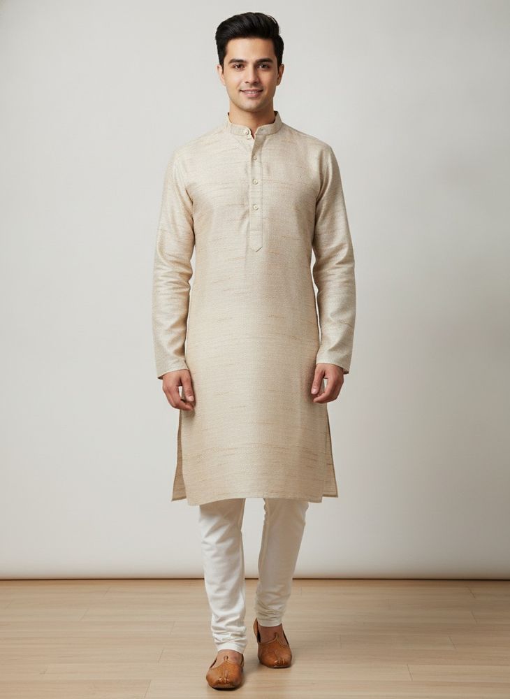 Men's Beige Textured Kurta