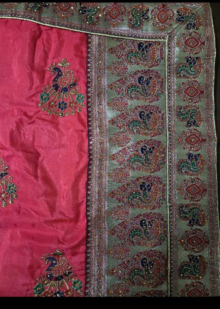 Embroidered pink cotton Silk Saree