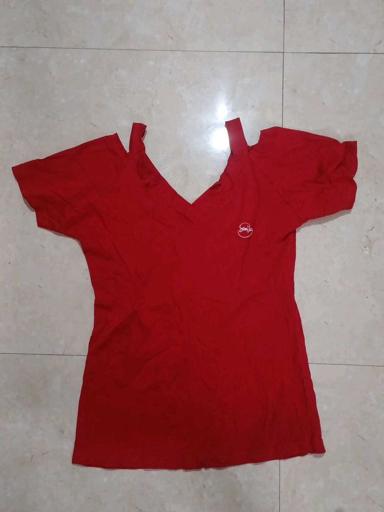 Red Cold Shoulder V-Neck T-Shirt