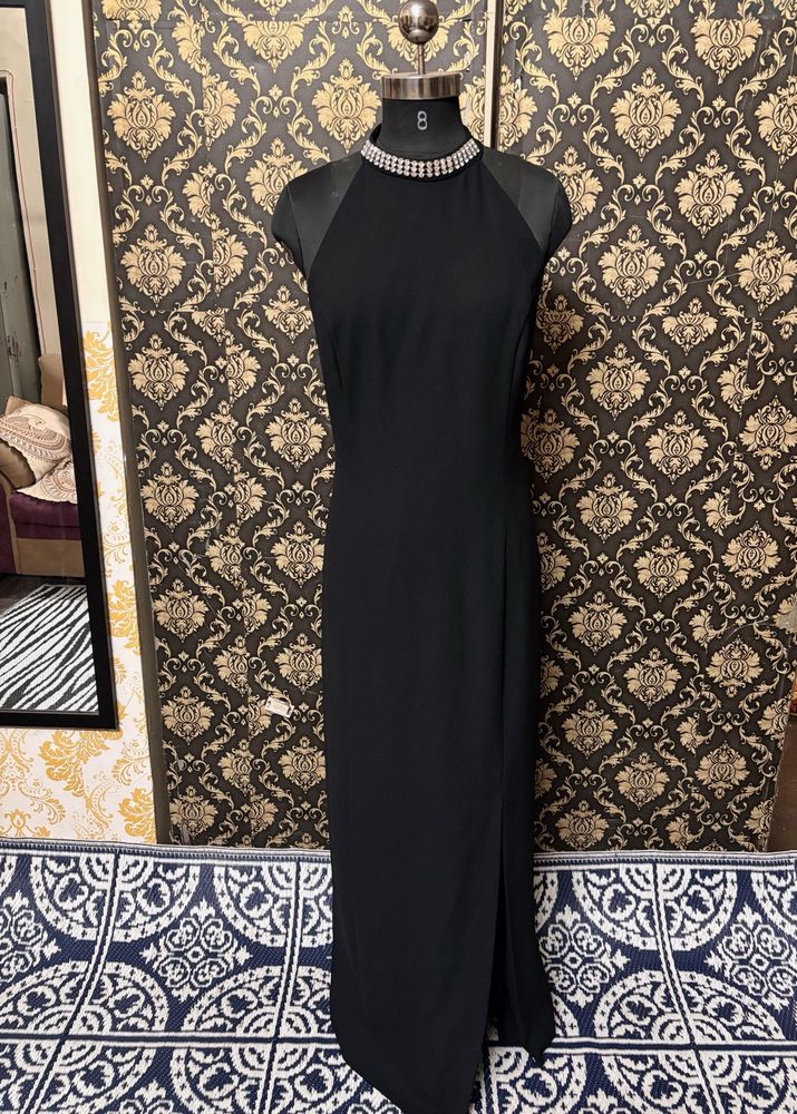 Elegant Black Maxi Dress with Embellished Neckline