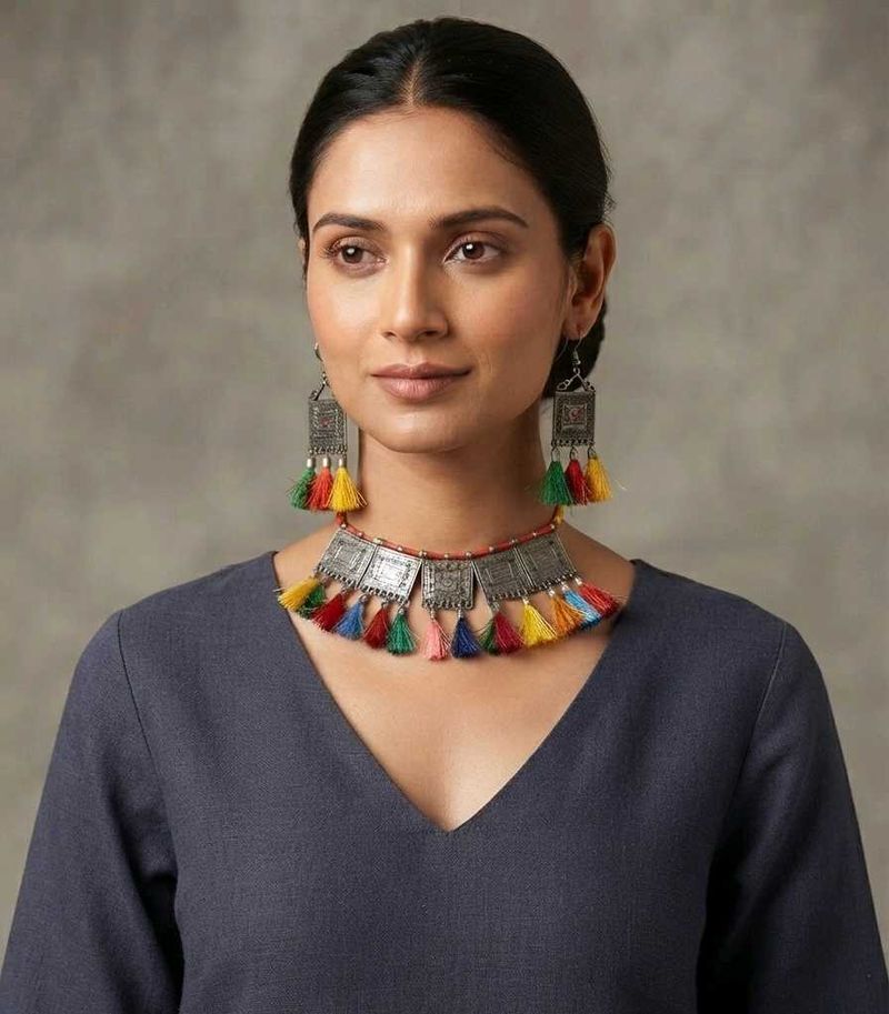 Oxidised Tassel Necklace and Earring Set