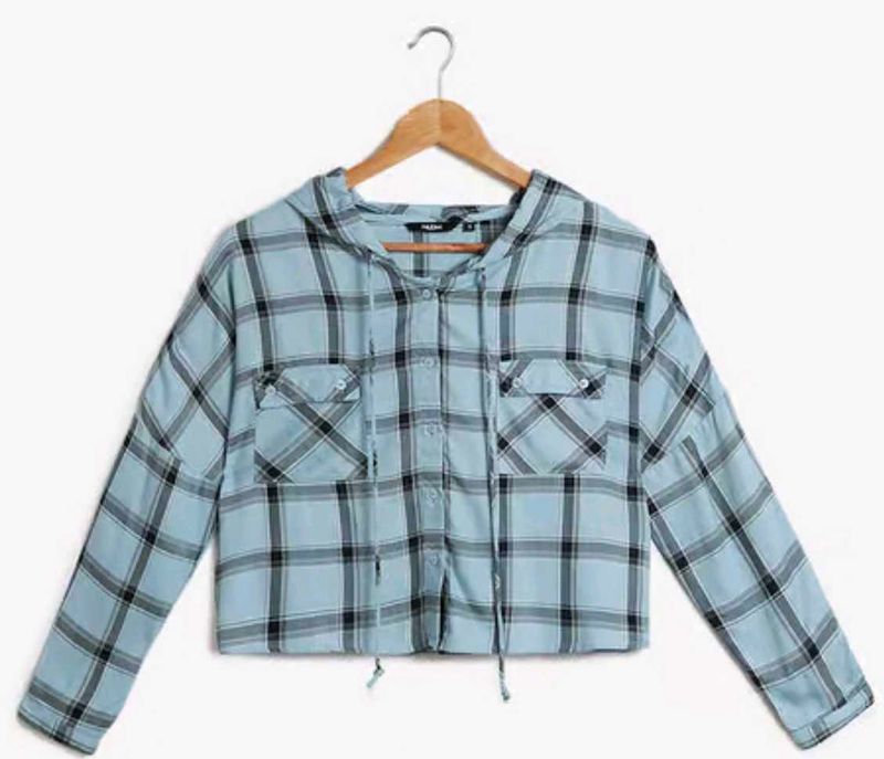 Light Blue Plaid Cropped Hoodie Shirt